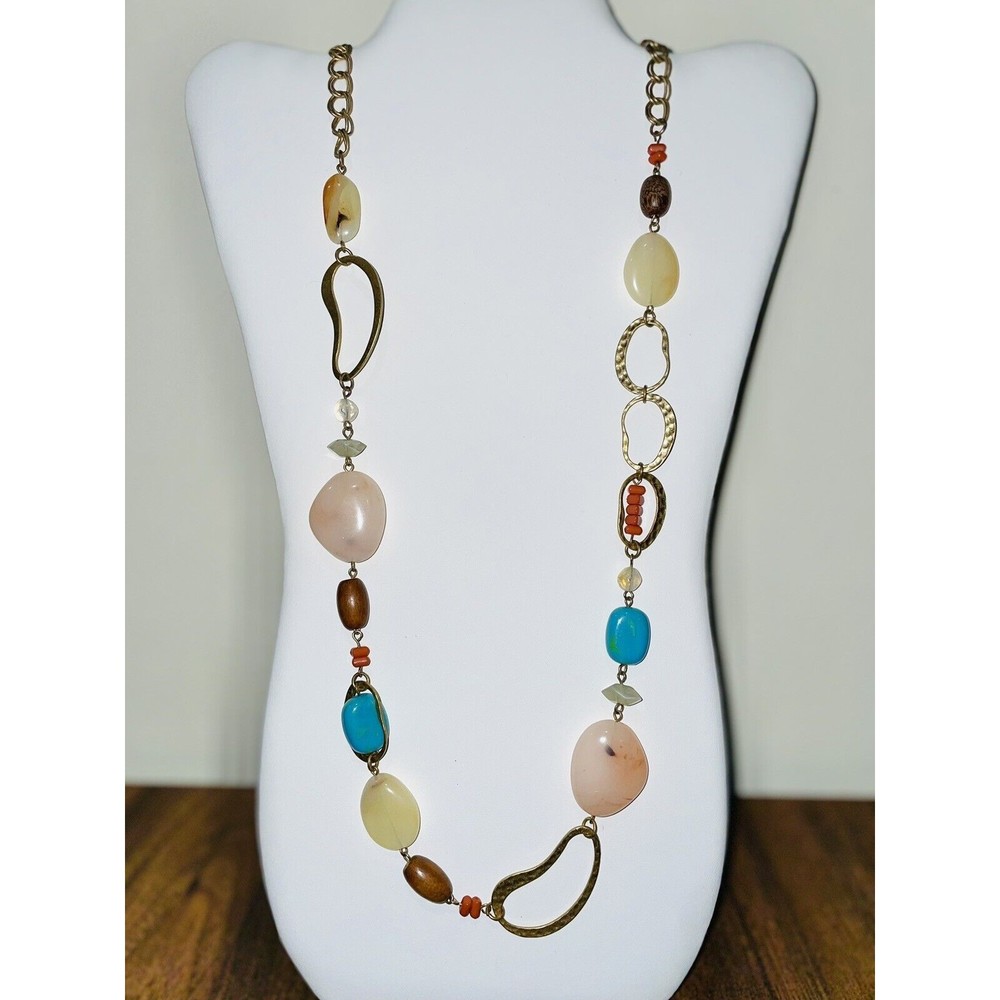 Chicos Tumbled Stone Statement Necklace Long Gold Tone vtg y2k Signed